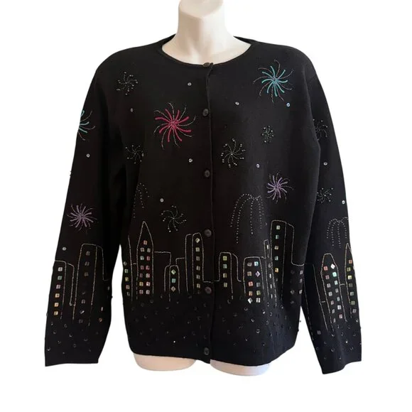 Vintage Y2K 2000 Beaded NYE Fireworks NYC City Skyline Merino Wool Cardigan XL - Picture 3 of 12